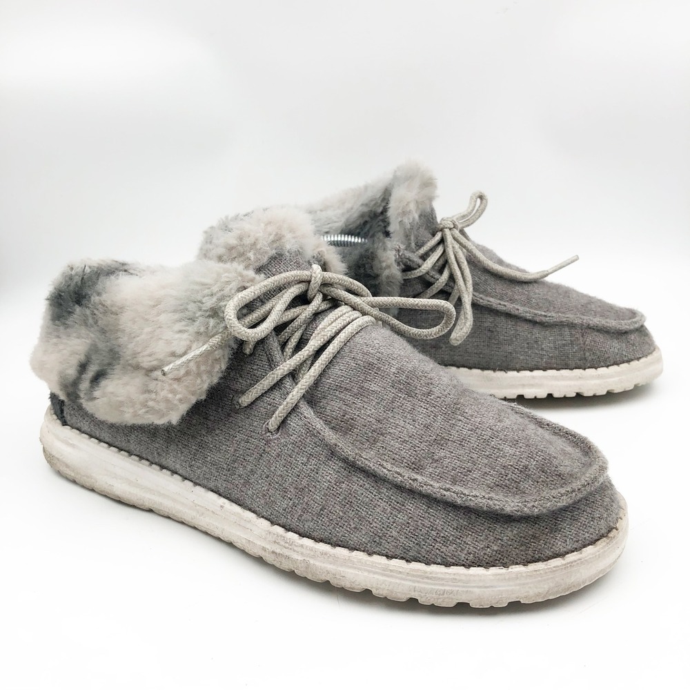 Hey Dude Shoes Womens 8 Wendy Fold Sunset Smoke Grey Wool Faux Fur Loafers